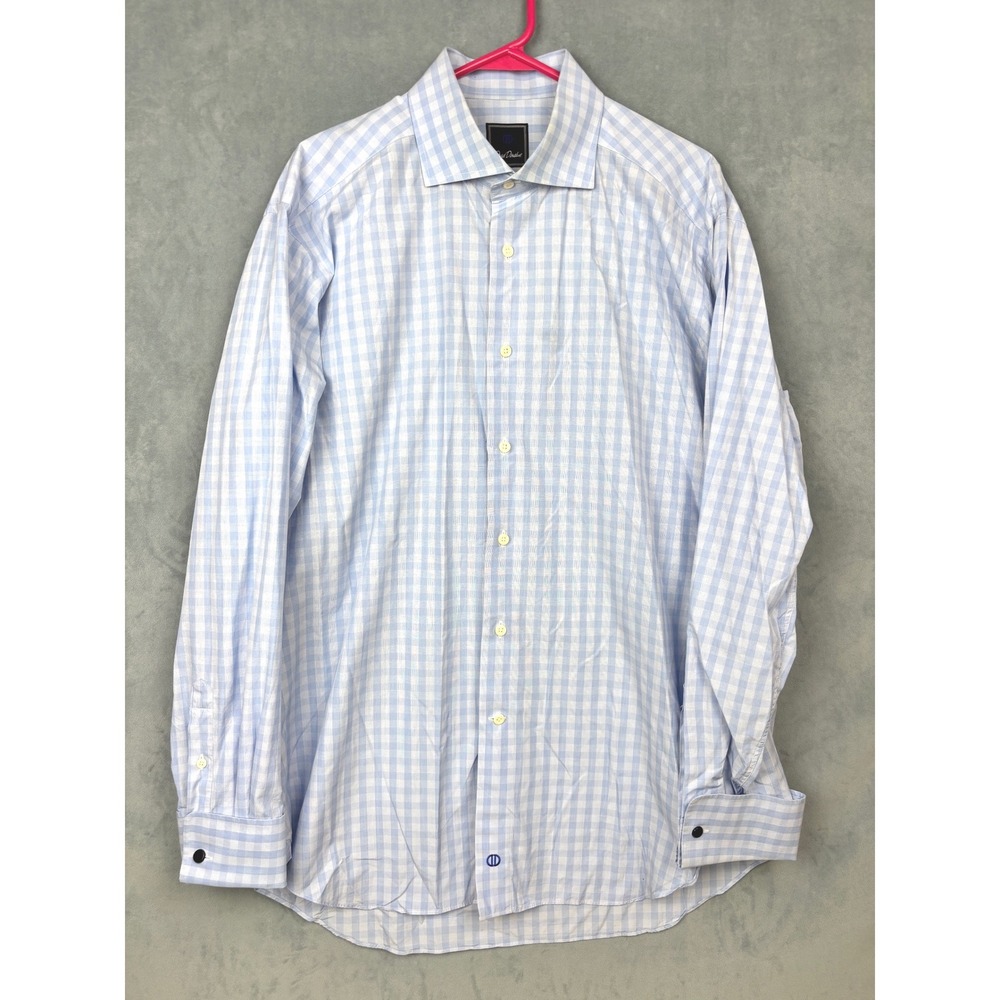 David Donahue Mens Blue Gingham Check Cotton Dress Shirt 17 34/35 French Cuff